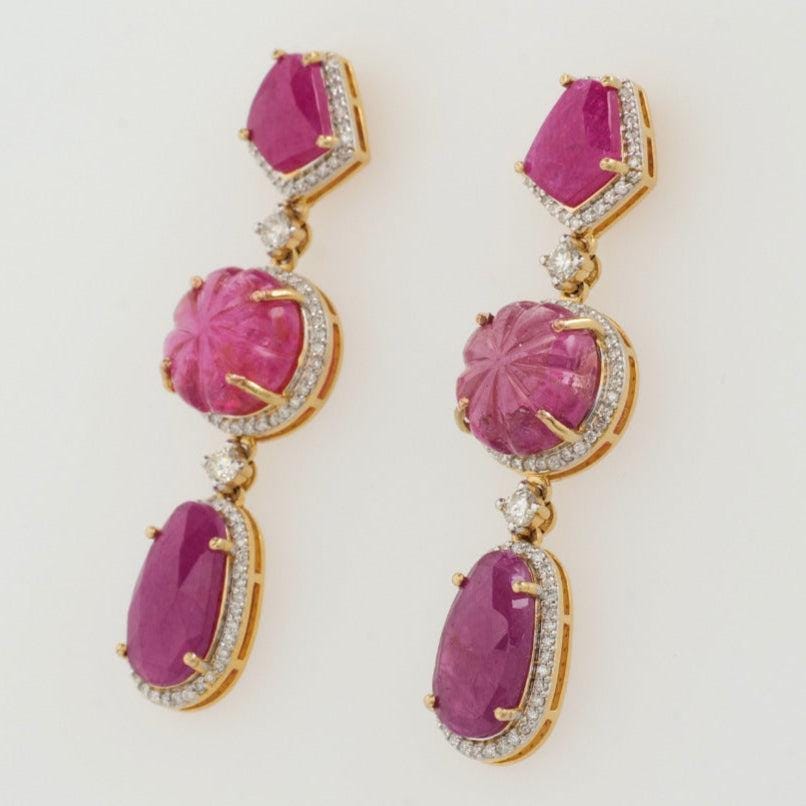 Ruby Tourmaline Diamond Dangle Earrings: 14k Solid Gold Statement Jewelry