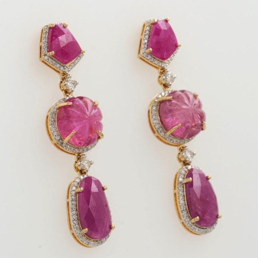Ruby Tourmaline Diamond Dangle Earrings: 14k Solid Gold Statement Jewelry