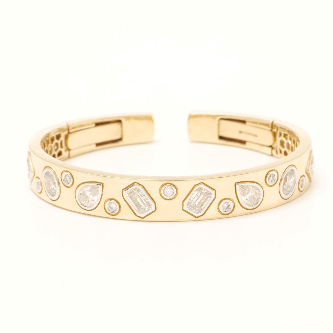 Geometric Natural Diamond Open Cuff Bracelet: 14k Solid Gold Statement Bangle Jewellery, Certified Jewelry