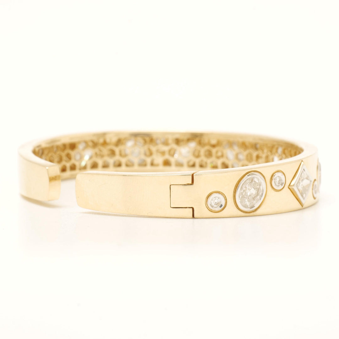 14k Gold Diamond Cuff Bracelet: Geometric Statement Bangle, Natural Diamonds