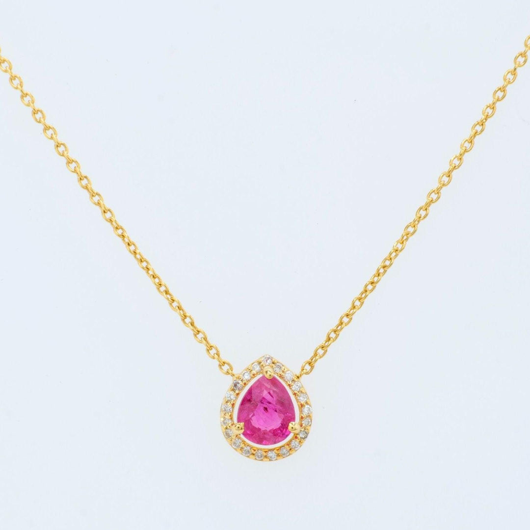 Pear Ruby Halo Diamond Necklace, 14k Solid Gold, Natural Diamonds, Minimalistic Layering Necklace, Everyday Pendant, Certified Jewelry