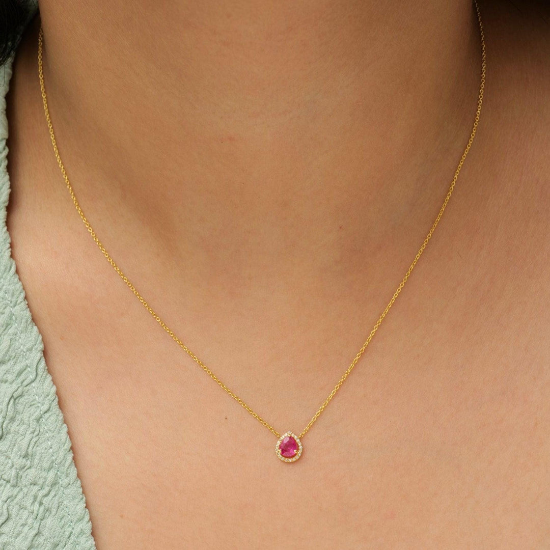 Pear Ruby Halo Diamond Necklace, 14k Solid Gold, Natural Diamonds, Minimalistic Layering Necklace, Everyday Pendant, Certified Jewelry