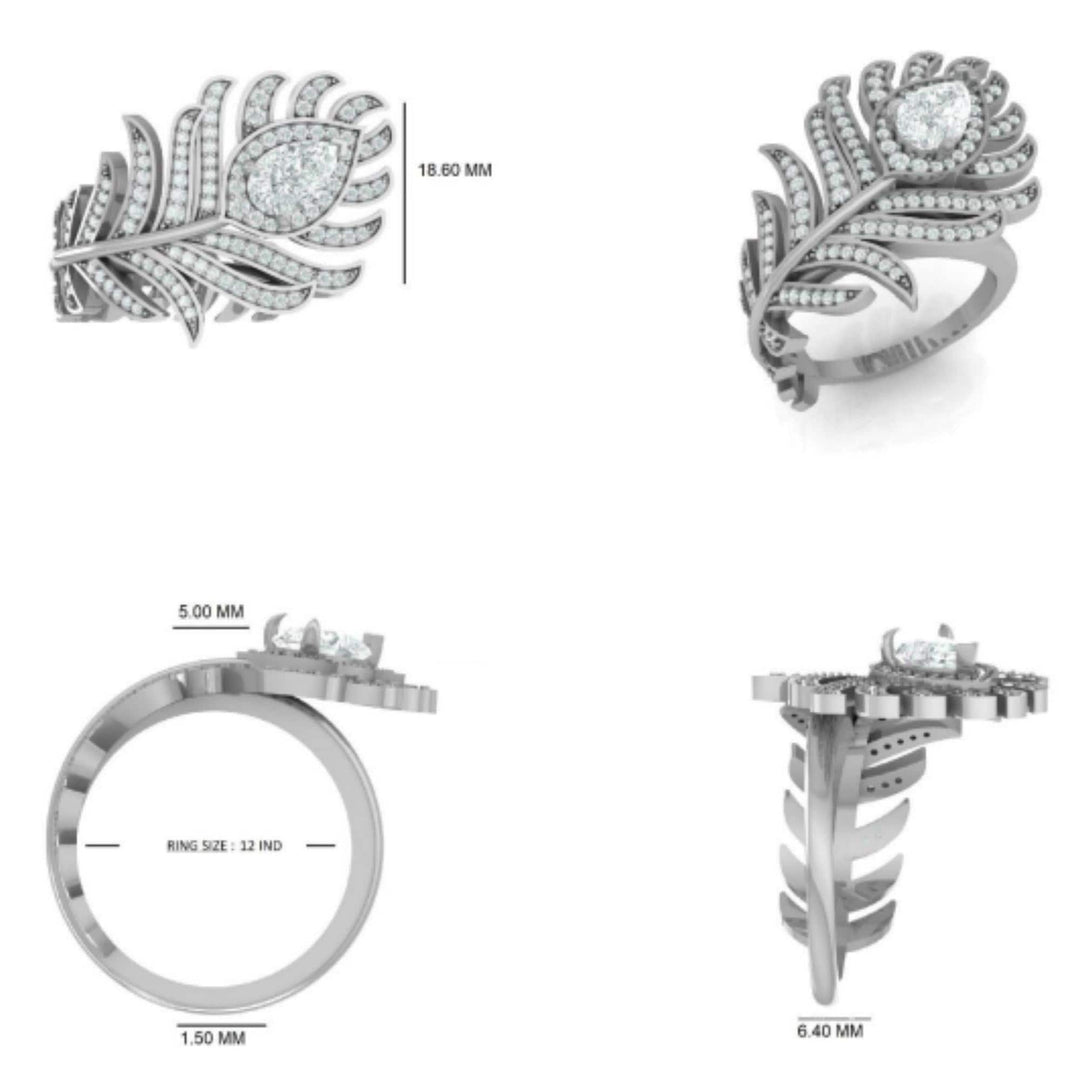 Peacock Feather Diamond Ring: 14k Gold Pear Halo Cocktail Jewelry