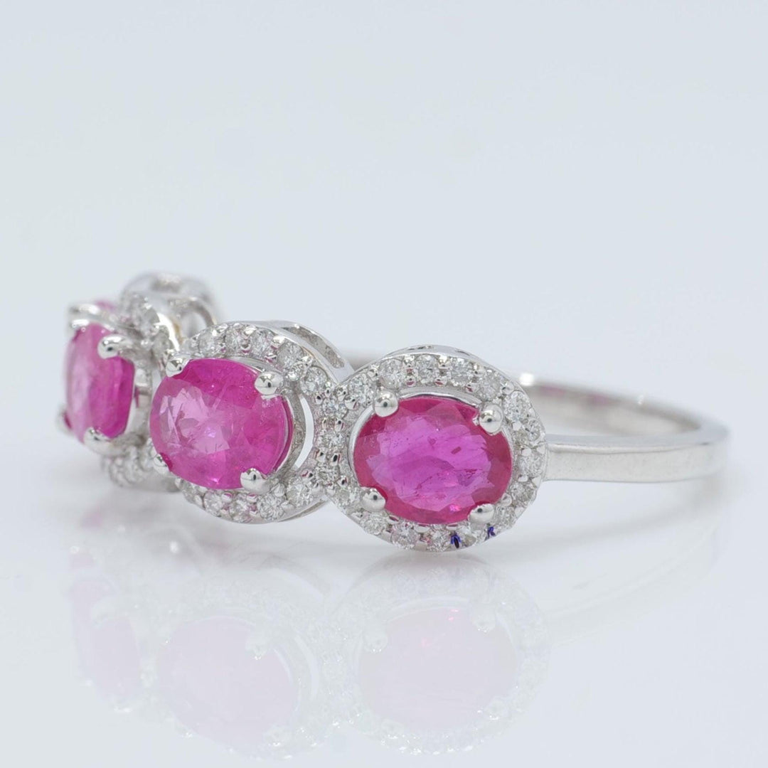 Oval Ruby Diamond Eternity Band Ring, 14k Solid Gold, Natural Diamonds, Halo Gemstone Stacking Ring, Wedding Band, Certified Jewelry