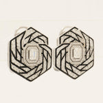 Load image into Gallery viewer, 14k Gold Hexagon Diamond Stud Earrings: Emerald Cut Halo, Enamel Accent
