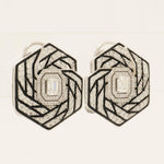 Load image into Gallery viewer, 14k Gold Hexagon Diamond Stud Earrings: Emerald Cut Halo, Enamel Accent
