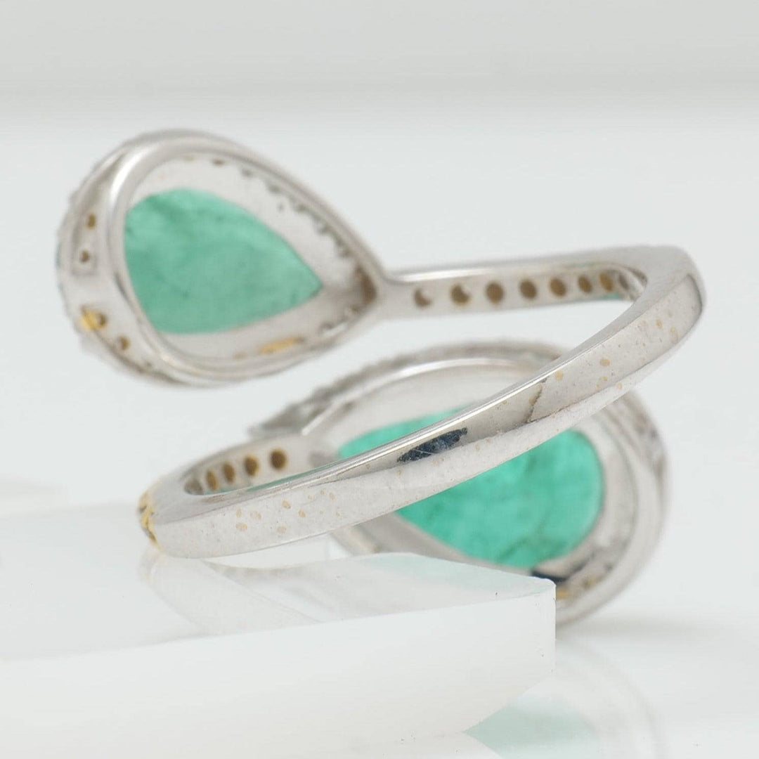 Emerald Halo Diamond Bypass Ring, 14k Solid Gold, Natural Diamonds, Pear Gemstone Wrap Band, Statement Cocktail Jewelry, Certified Jewelry