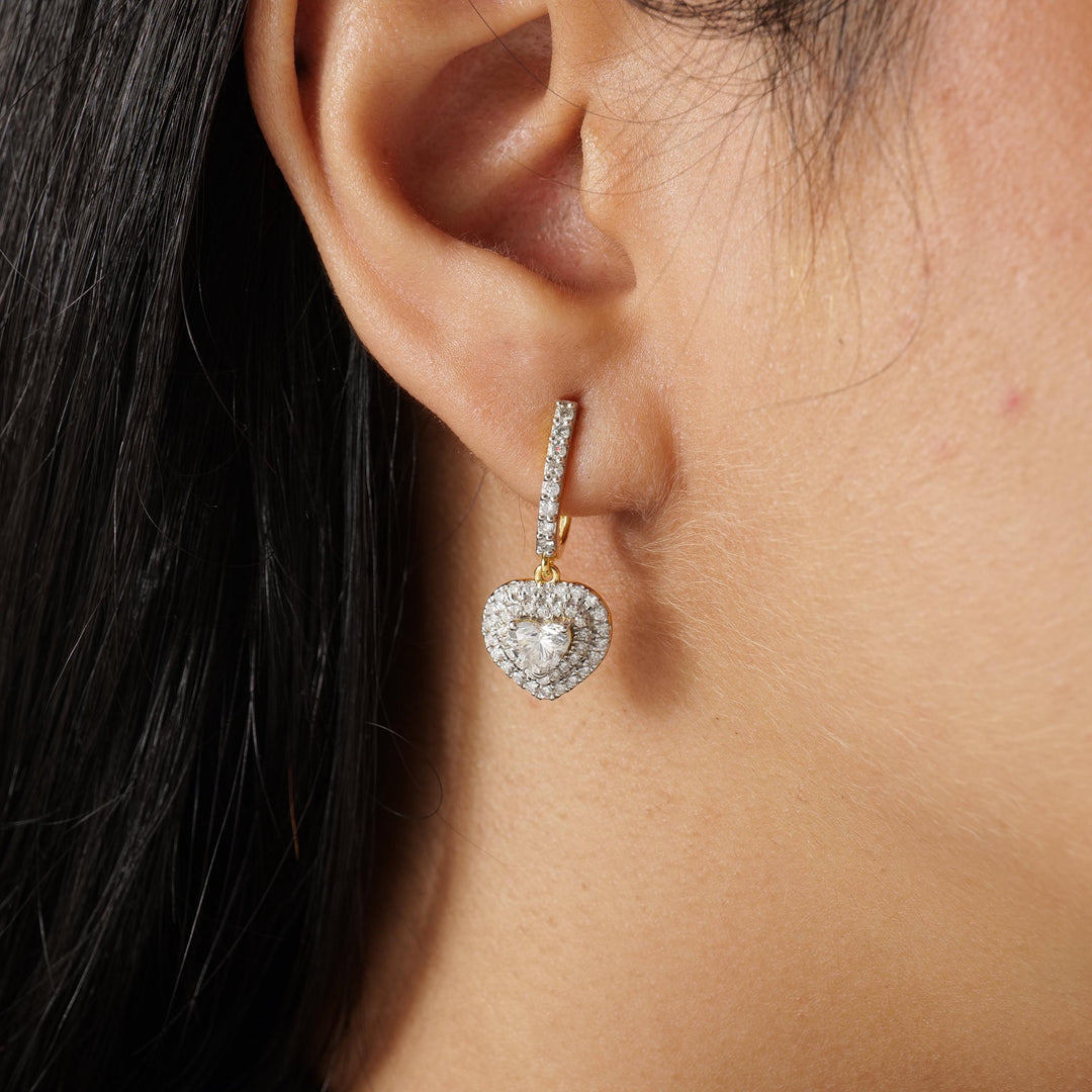 14k Solid Gold Heart Diamond Drop Earrings: Double Halo Dangle Jewelry