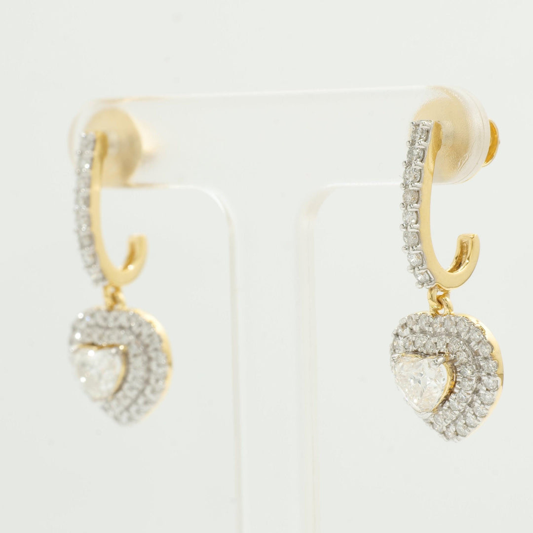 14k Solid Gold Heart Diamond Drop Earrings: Double Halo Dangle Jewelry