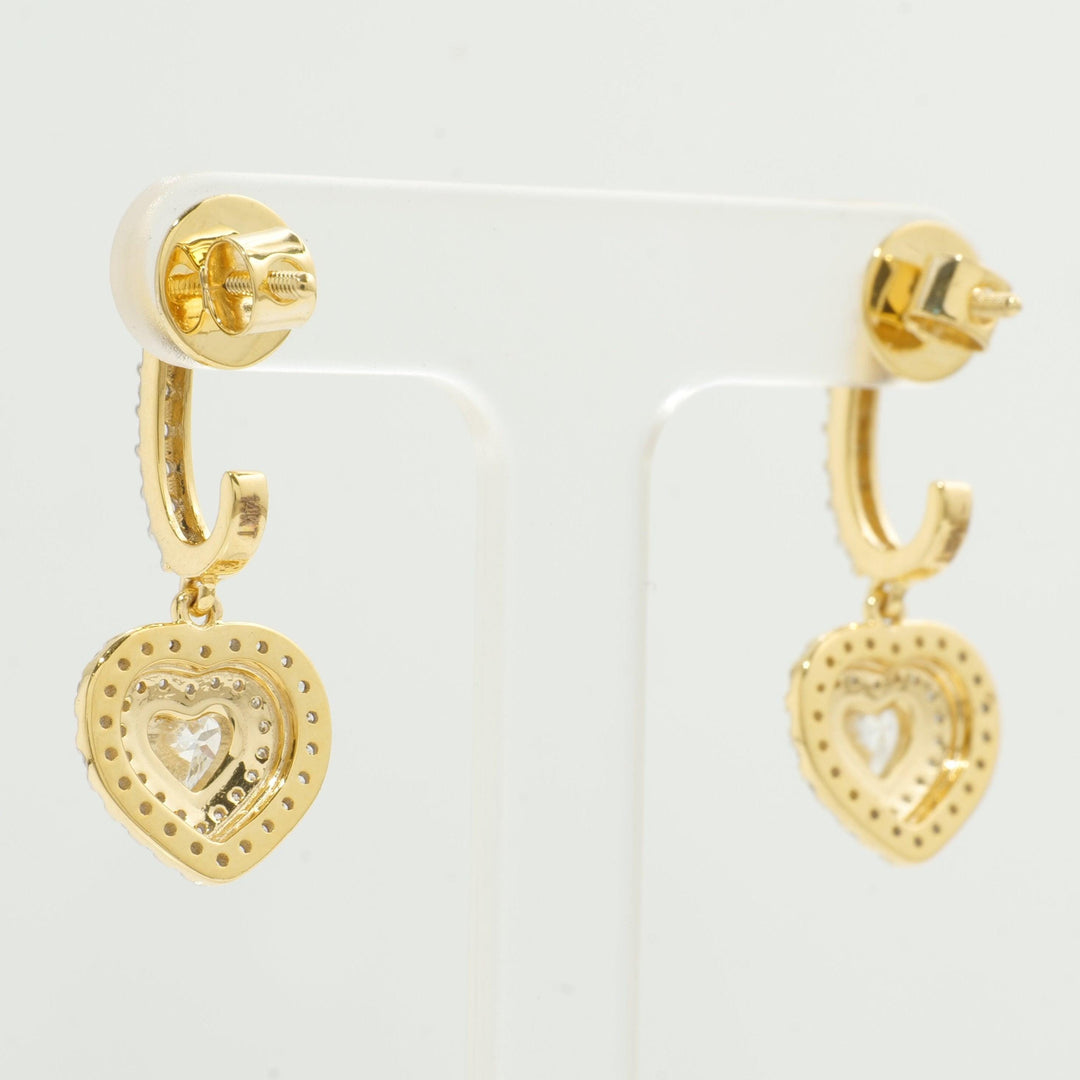 14k Solid Gold Heart Diamond Drop Earrings: Double Halo Dangle Jewelry
