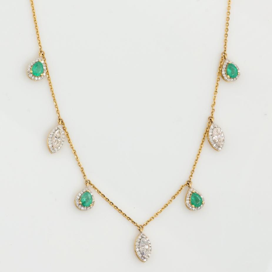 Emerald Diamond Halo Drop Necklace: 14k Gold Gemstone Station Chain