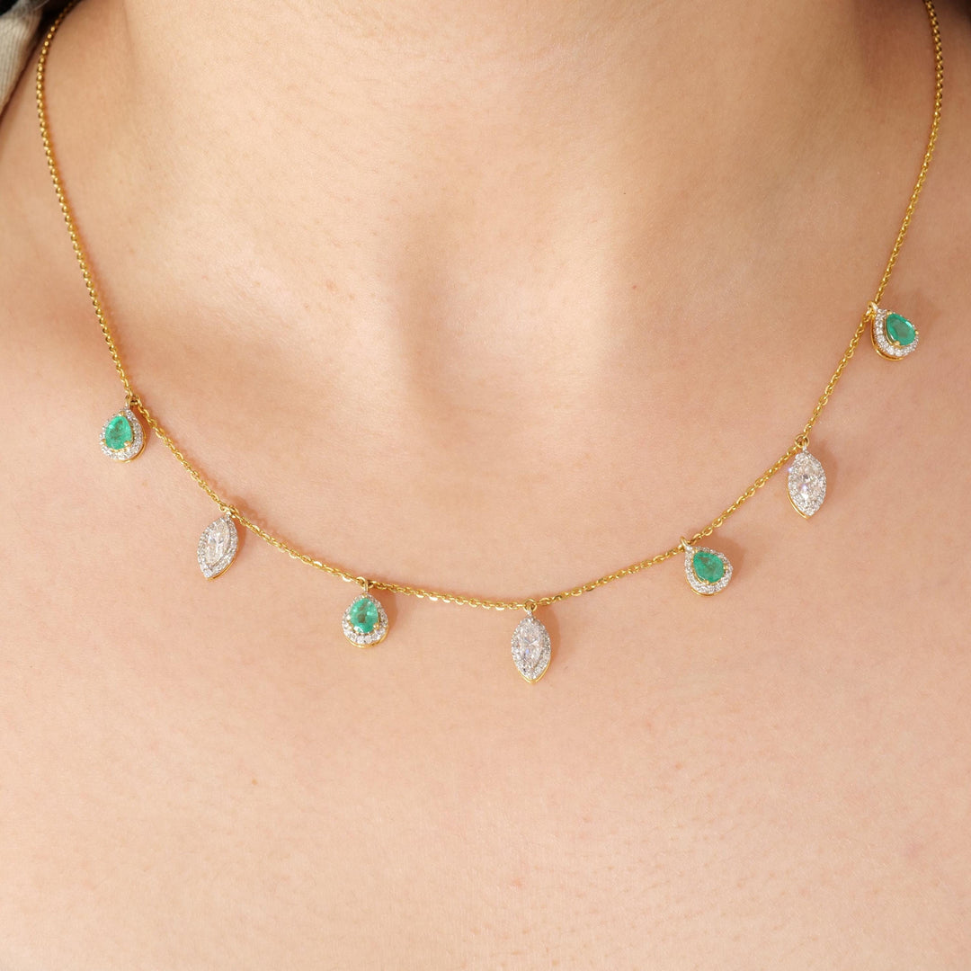 Emerald Diamond Halo Drop Necklace: 14k Gold Gemstone Station Chain
