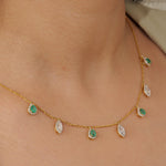 Load image into Gallery viewer, Emerald Diamond Halo Drop Necklace: 14k Gold Gemstone Station Chain
