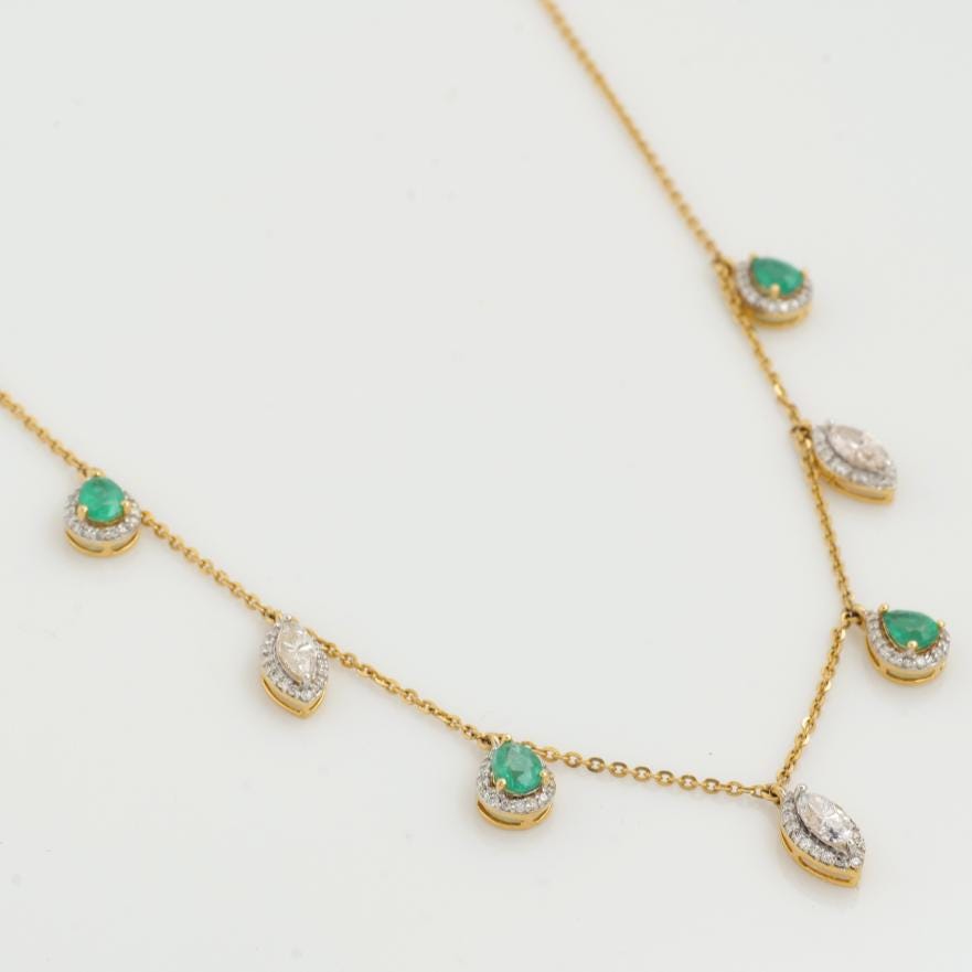 Emerald Diamond Halo Drop Necklace: 14k Gold Gemstone Station Chain