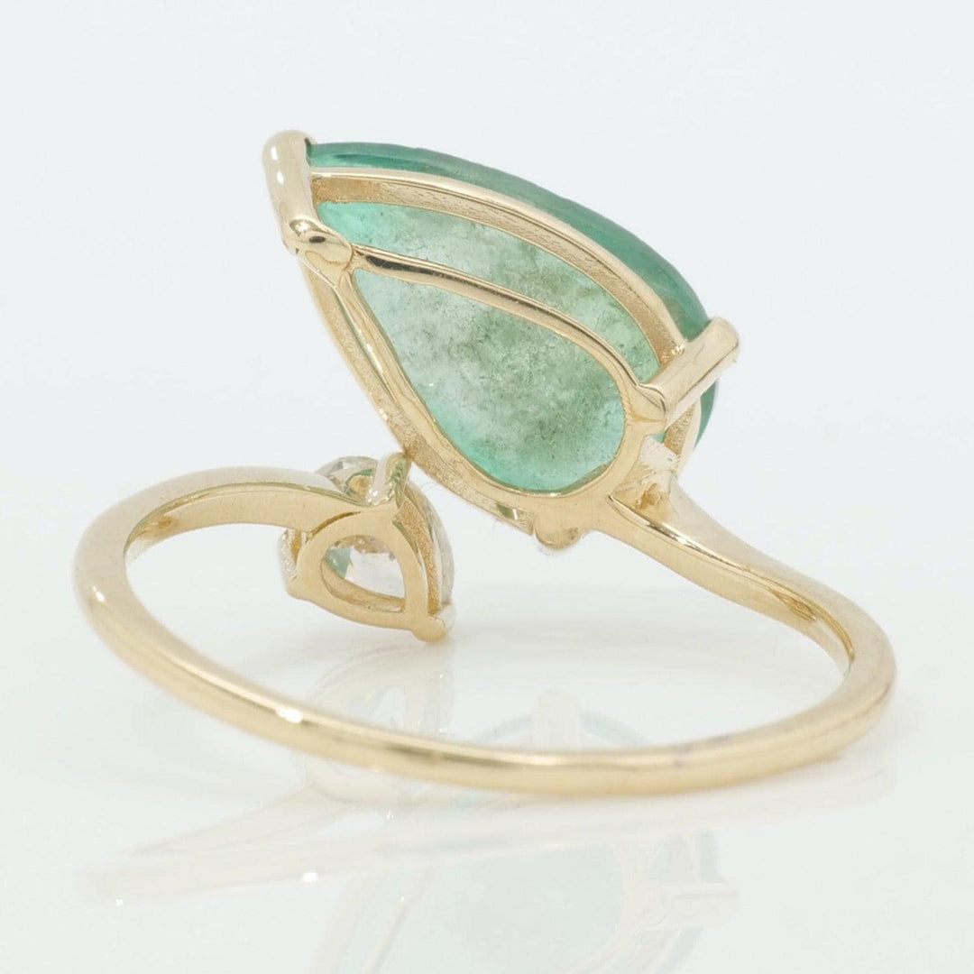 Pear Emerald & Diamond Bypass Ring: 14k Solid Gold Certified Jewelry
