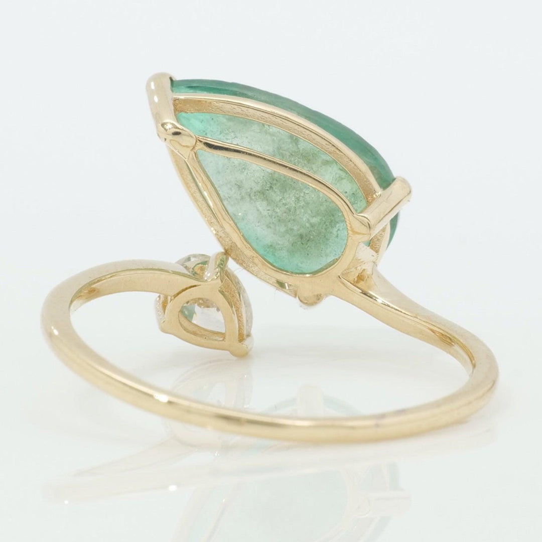 Pear Emerald & Diamond Bypass Ring: 14k Solid Gold Certified Jewelry