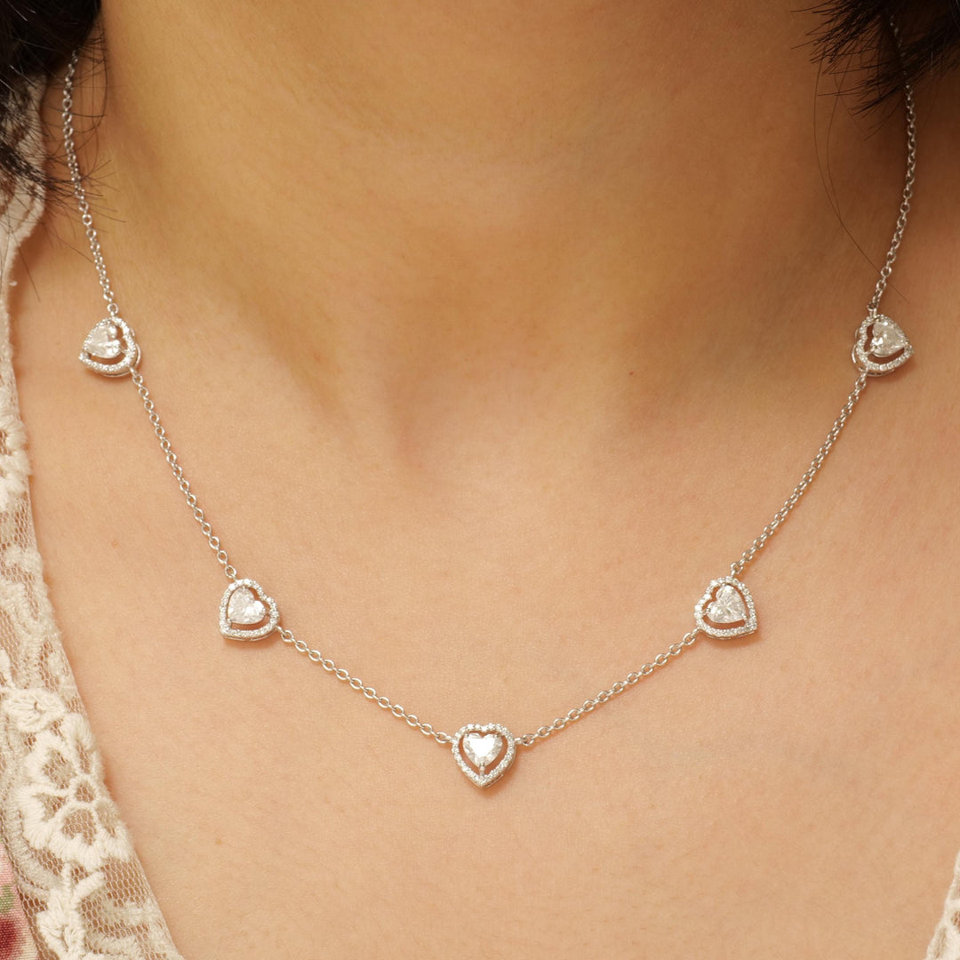 Heart Diamond Station Necklace, 14k Solid Gold, Natural Diamonds, Halo Love Jewelry, Layering Minimalist Chain, Certified Jewelry