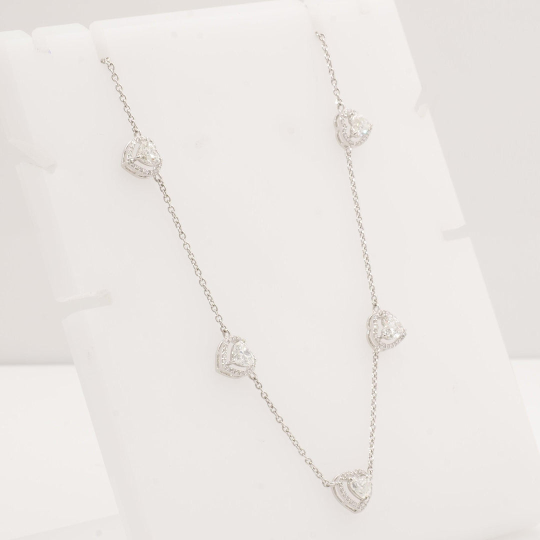 Heart Diamond Station Necklace, 14k Solid Gold, Natural Diamonds, Halo Love Jewelry, Layering Minimalist Chain, Certified Jewelry