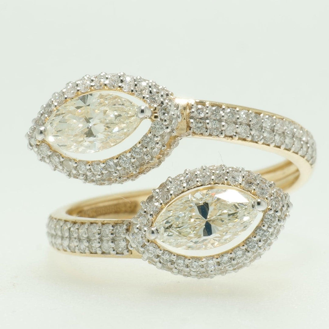 Marquise Diamond Double Halo Bypass Ring: 14k Solid Gold Statement Jewelry