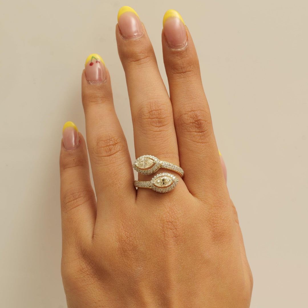 Marquise Diamond Double Halo Bypass Ring: 14k Solid Gold Statement Jewelry