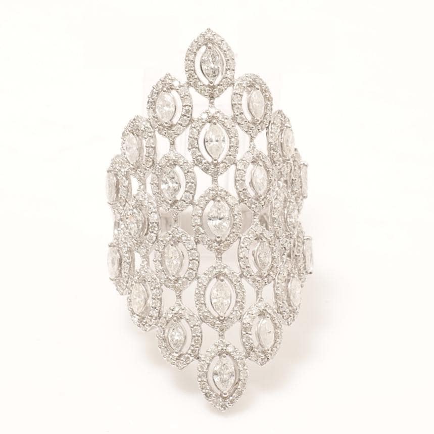 14k Solid Gold Marquise Natural Diamond Lattice Ring: Wide Halo Cocktail Jewellery, Certified Jewelry