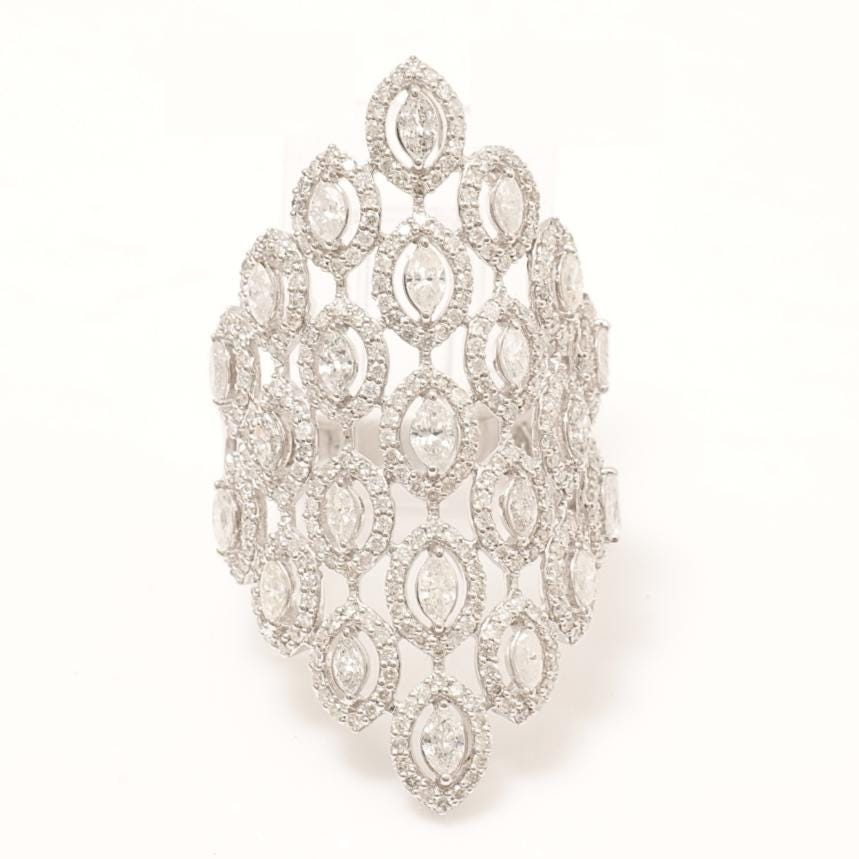 14k Solid Gold Marquise Natural Diamond Lattice Ring: Wide Halo Cocktail Jewellery, Certified Jewelry