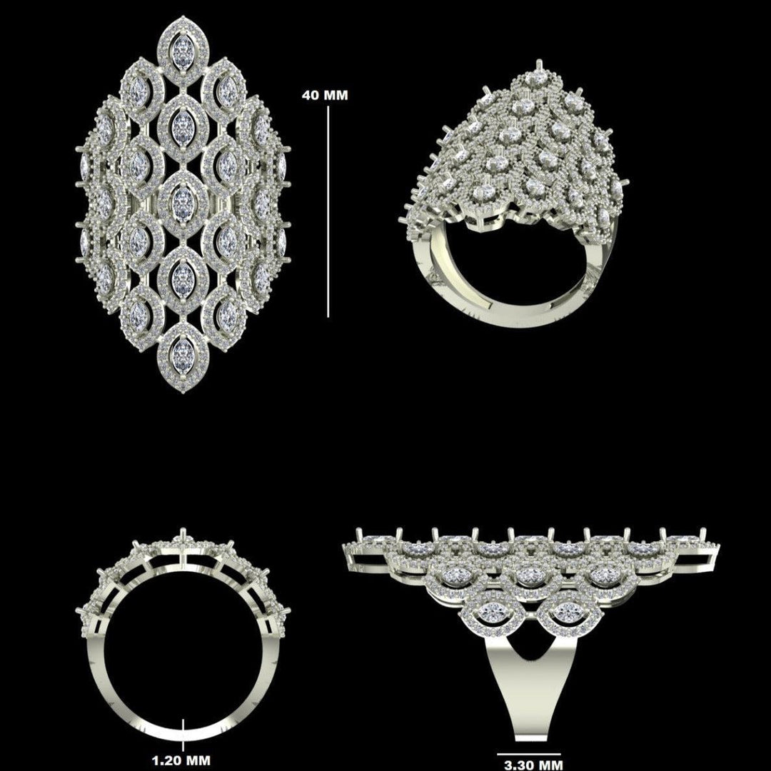 14k Solid Gold Marquise Natural Diamond Lattice Ring: Wide Halo Cocktail Jewellery, Certified Jewelry