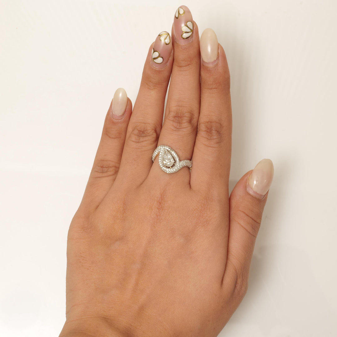 Pear Diamond Halo Ring, 14k Solid Gold, Natural Diamonds, Statement Cocktail Jewelry, Two Toned Bypass Ring, Certified Jewelry