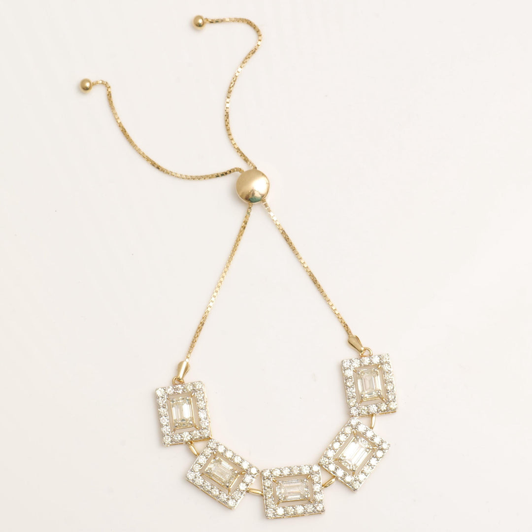 Emerald Cut Halo Natural Diamond Bolo Bracelet: 14k Solid Gold Adjustable Chain, Certified Jewelry,