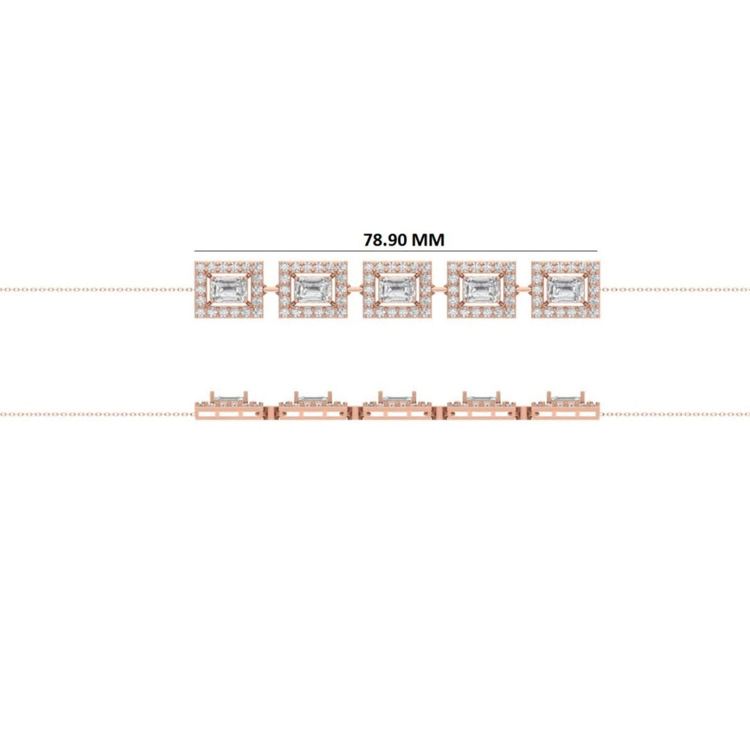 Emerald Cut Halo Natural Diamond Bolo Bracelet: 14k Solid Gold Adjustable Chain, Certified Jewelry,