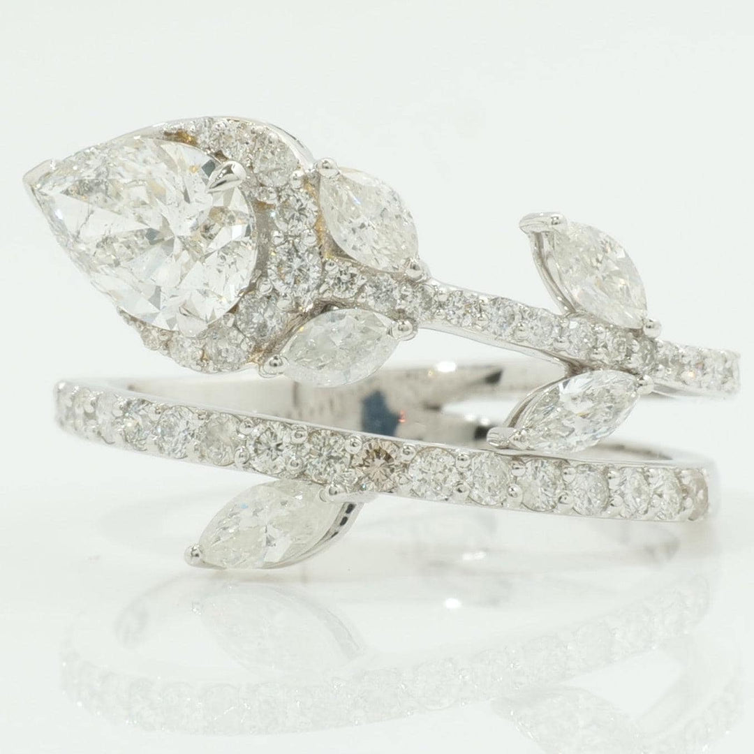 14k Solid Gold Pear Natural Diamond Leaf Ring - Nature-Inspired Statement Bypass Jewelry, Certified Jewelry