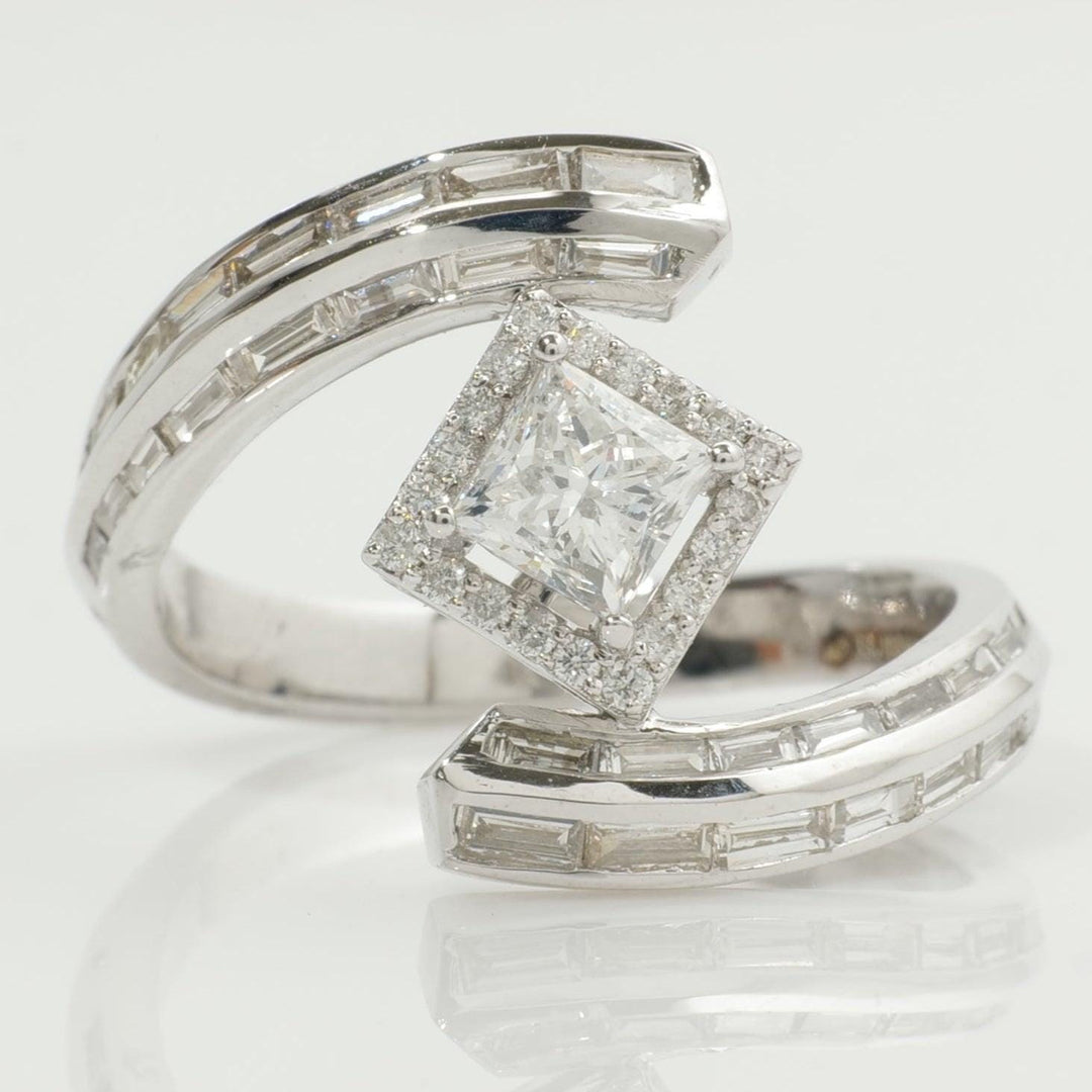 14k Solid Gold Princess Halo Natural Diamond Ring - Baguette Bypass Cocktail Band Ring, Certified Jewelry