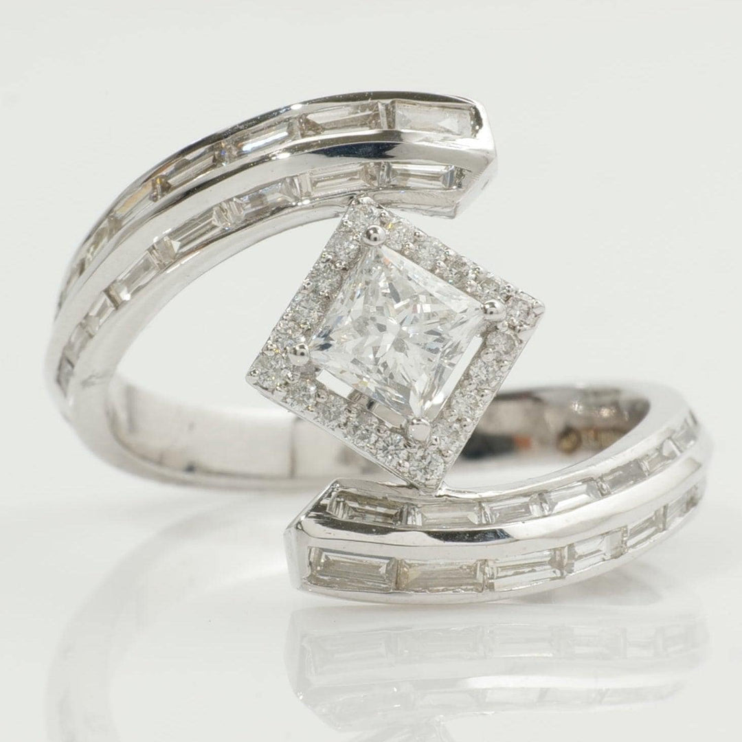 14k Solid Gold Princess Halo Natural Diamond Ring - Baguette Bypass Cocktail Band Ring, Certified Jewelry