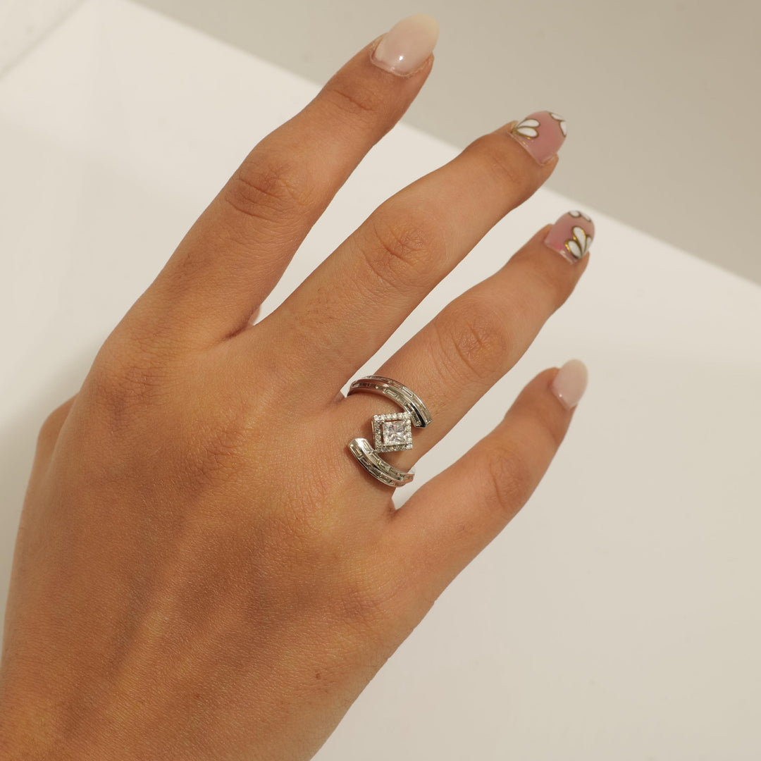 14k Solid Gold Princess Halo Natural Diamond Ring - Baguette Bypass Cocktail Band Ring, Certified Jewelry