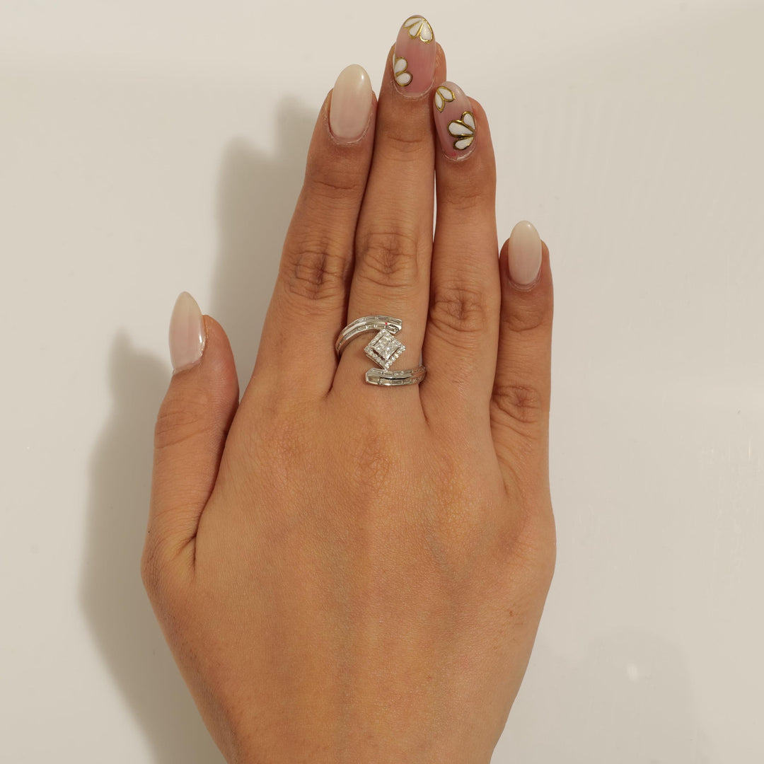 14k Solid Gold Princess Halo Natural Diamond Ring - Baguette Bypass Cocktail Band Ring, Certified Jewelry