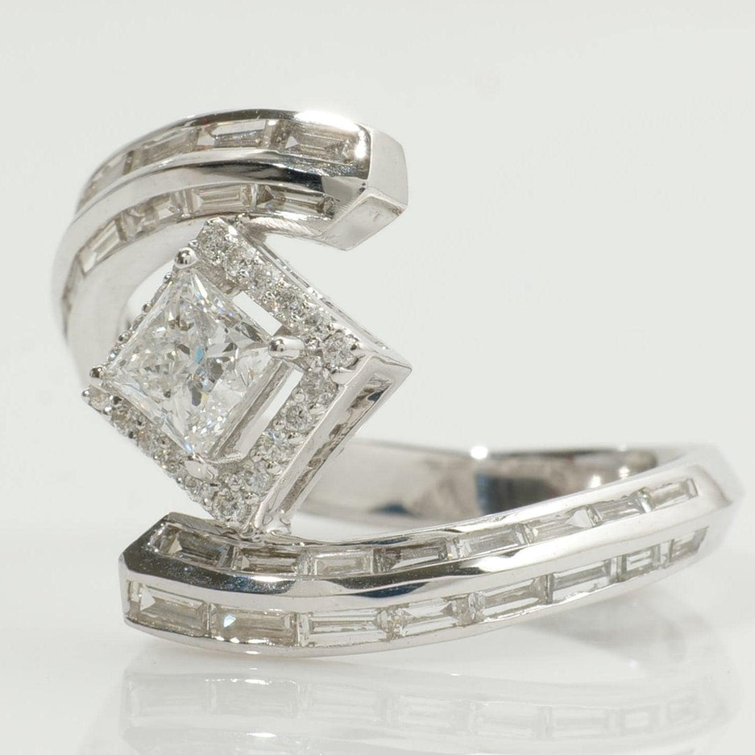 14k Solid Gold Princess Halo Natural Diamond Ring - Baguette Bypass Cocktail Band Ring, Certified Jewelry