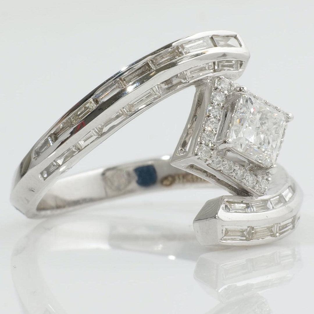 14k Solid Gold Princess Halo Natural Diamond Ring - Baguette Bypass Cocktail Band Ring, Certified Jewelry