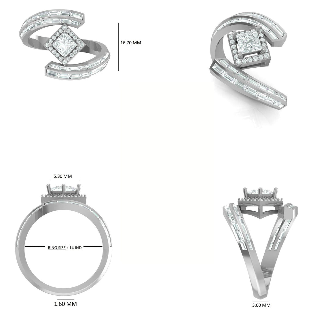 14k Solid Gold Princess Halo Natural Diamond Ring - Baguette Bypass Cocktail Band Ring, Certified Jewelry