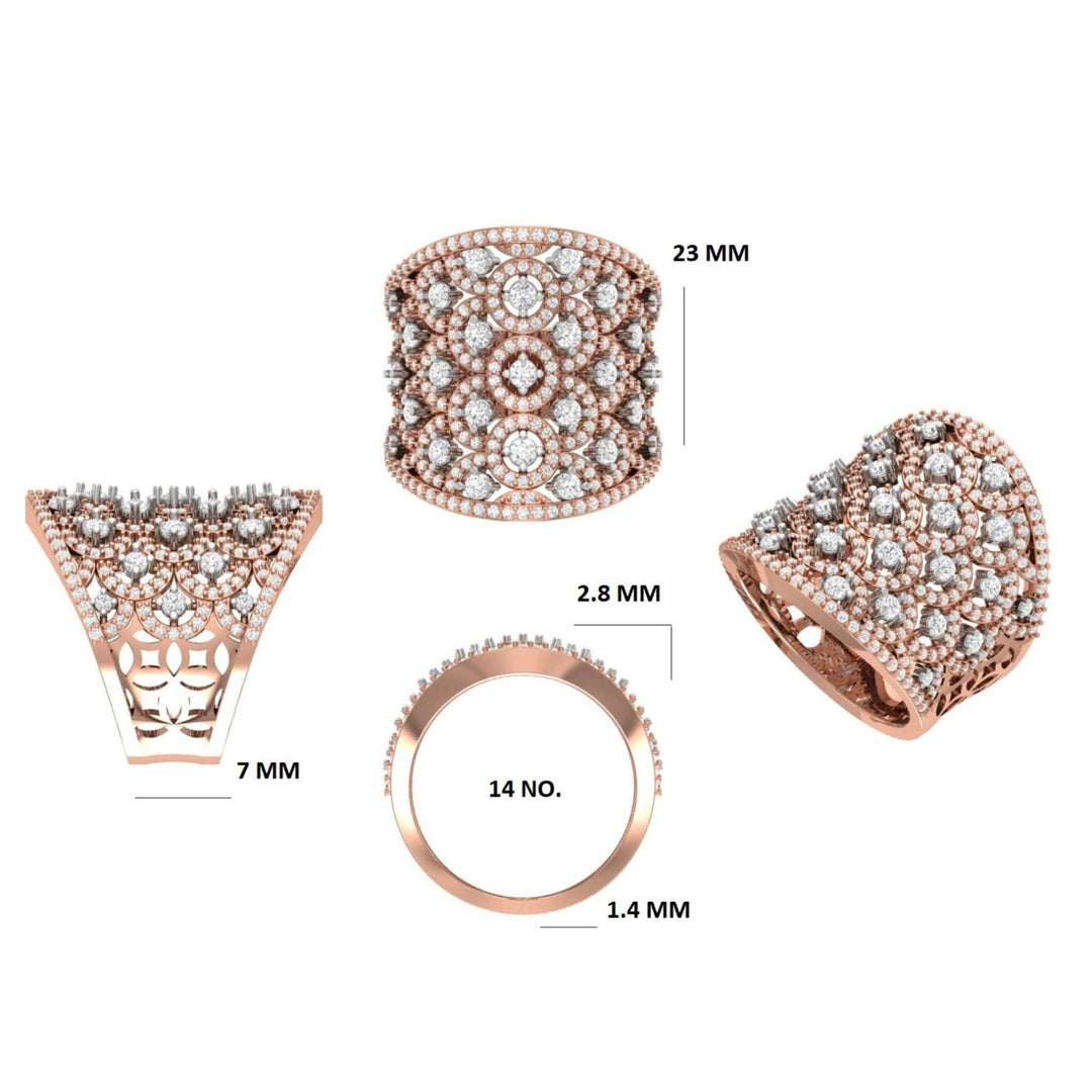 14k Solid Gold Filigree Natural Diamond Ring: Wide Band Cocktail Ring, Certified Jewelry