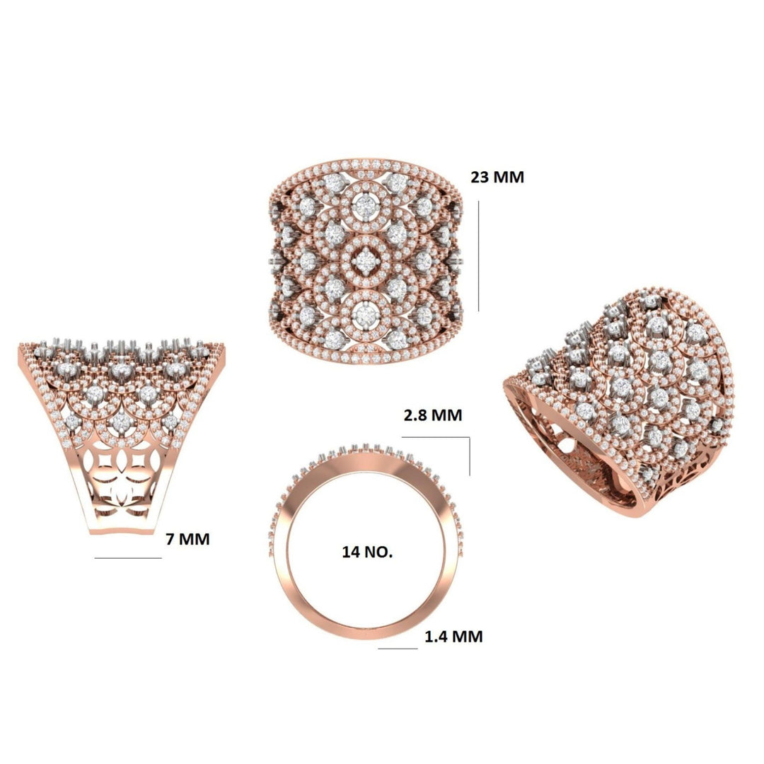 14k Solid Gold Filigree Natural Diamond Ring: Wide Band Cocktail Ring, Certified Jewelry