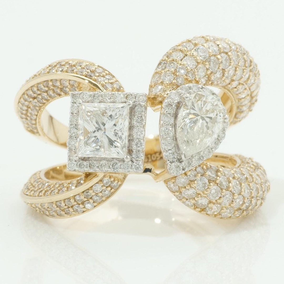 14k Solid Gold Dual Natural Diamond Ring: Princess & Pear Halo Pavé Cocktail Ring, Certified Jewelry