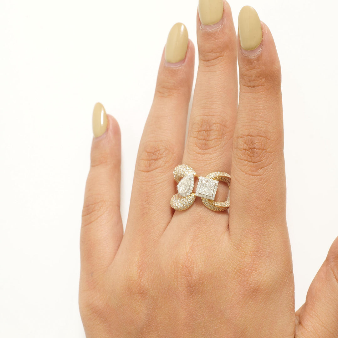 14k Solid Gold Dual Natural Diamond Ring: Princess & Pear Halo Pavé Cocktail Ring, Certified Jewelry