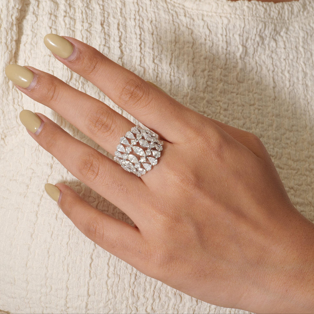 14k Solid Gold Wide Natural Diamond Ring: Marquise & Pear Cocktail Jewelry, Certified Jewelry