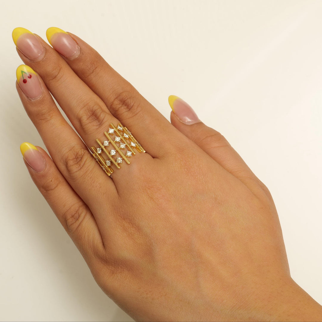 Geometric Wide Natural Diamond Ring: 14k Solid Gold Cocktail Band Ring, Certified Jewelry