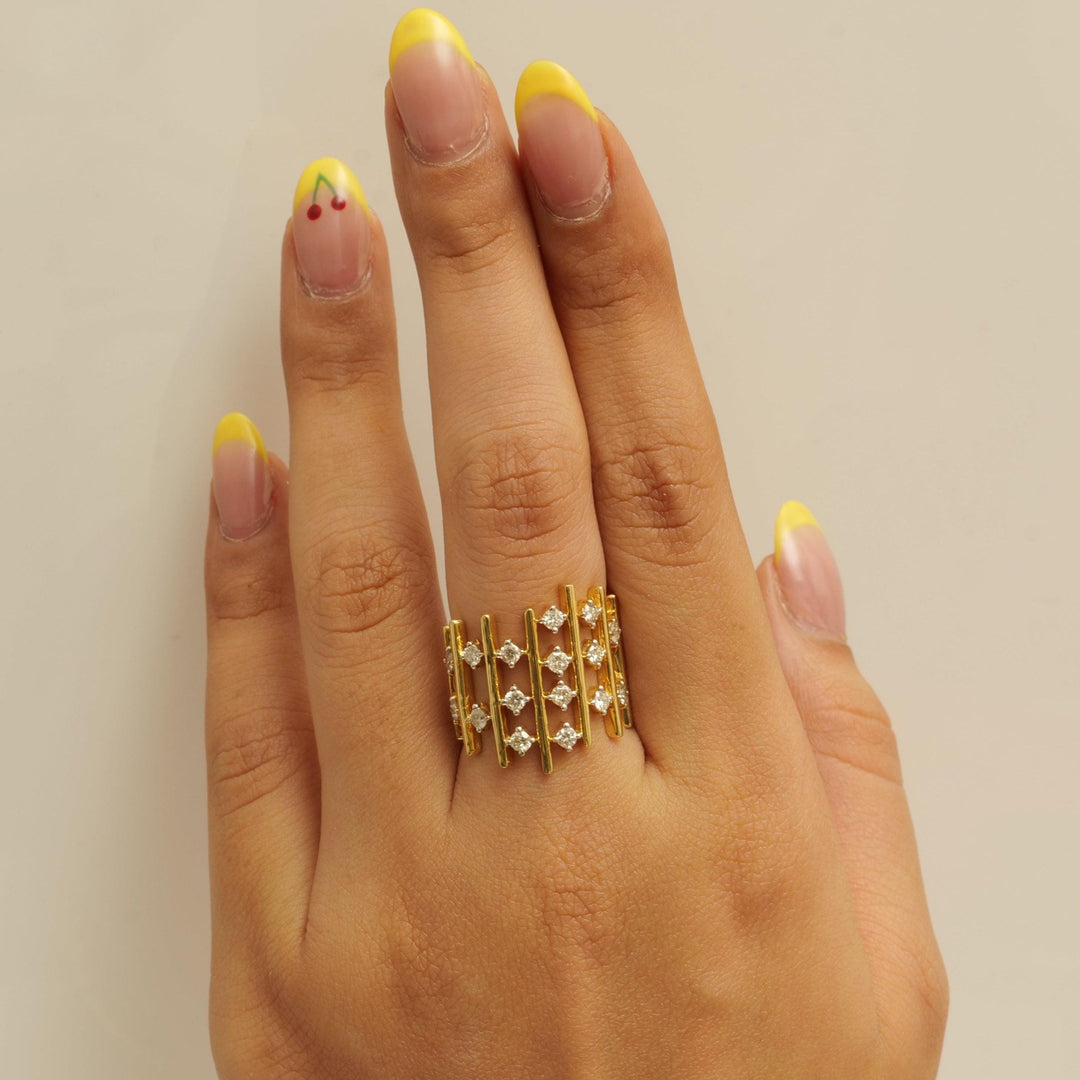 14k Solid Gold Natural Diamond Cocktail Ring: Geometric Wide Statement Band Ring, Certified Jewellery