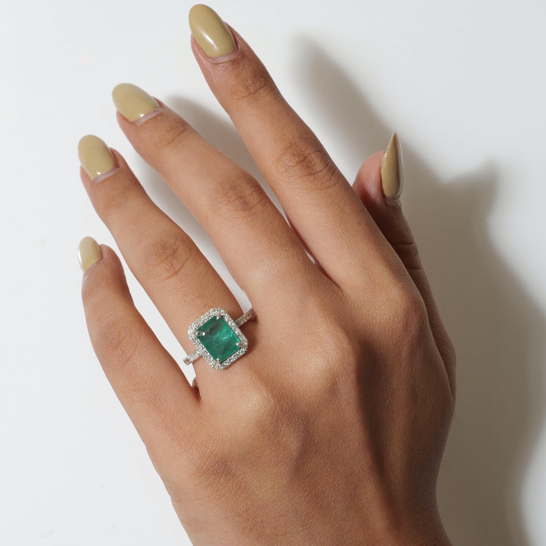 Emerald Halo Diamond Ring: 14k Gold Gemstone Engagement Jewelry