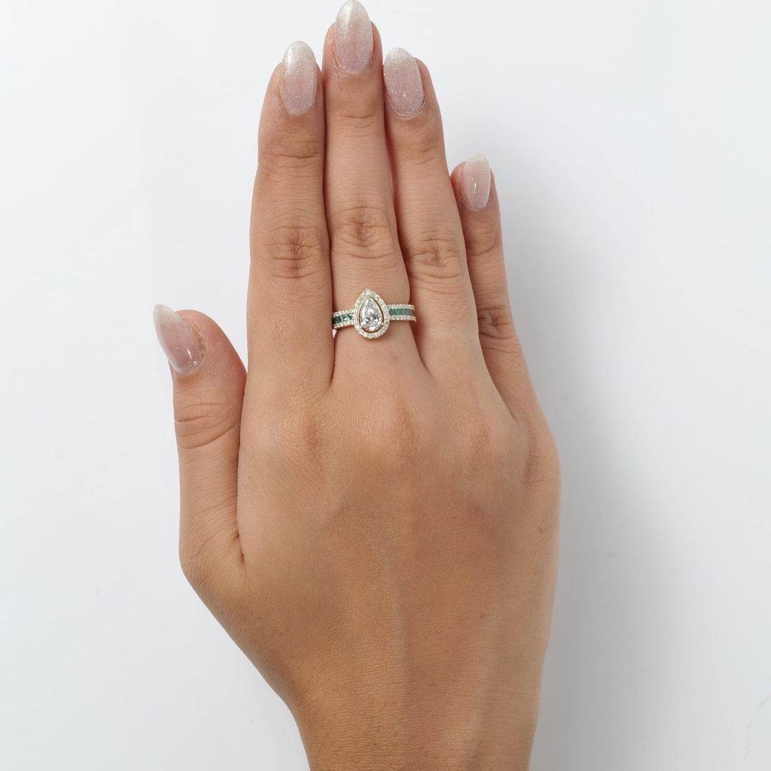 Pear Halo Diamond Ring: 14K Gold, Emerald Band, Certified