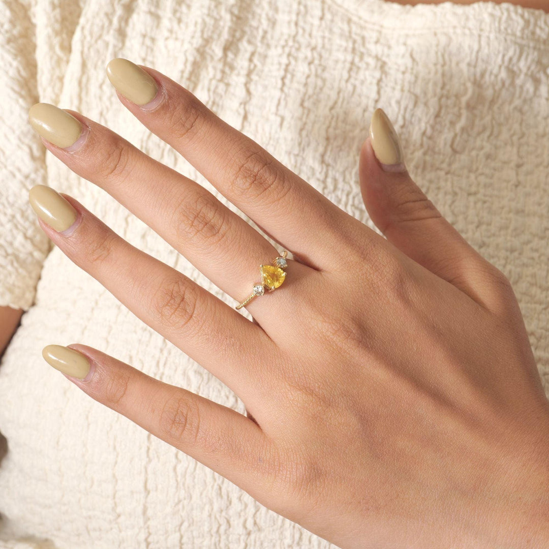 Pear Natural Yellow Sapphire Gemstone Ring: 14k Solid Gold Natural Diamonds Beaded Band, Certified Jewelry