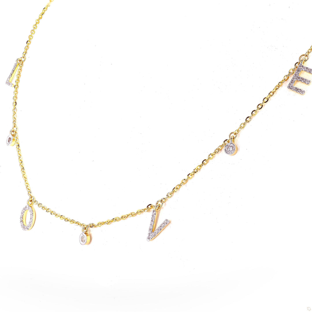 Love Dangle Diamond Drop Necklace, 14k Solid Gold, Natural Diamonds, Affirmation Statement Jewelry, Letter Chain Jewelry, Everyday Necklace
