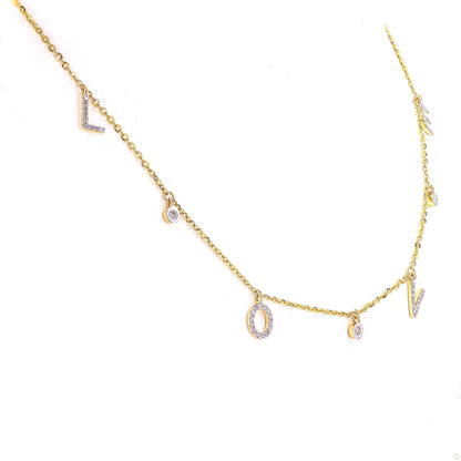 Love Dangle Diamond Drop Necklace, 14k Solid Gold, Natural Diamonds, Affirmation Statement Jewelry, Letter Chain Jewelry, Everyday Necklace